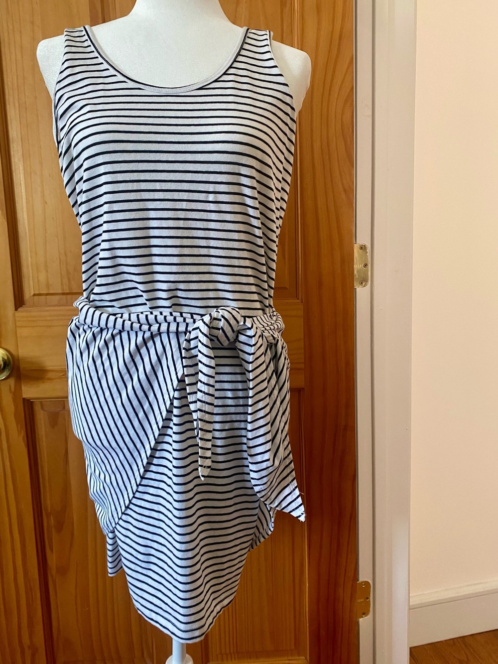 KINLY Tank Dress Wrap Tie Skirt Black White Striped Midi Dress Made in USA M